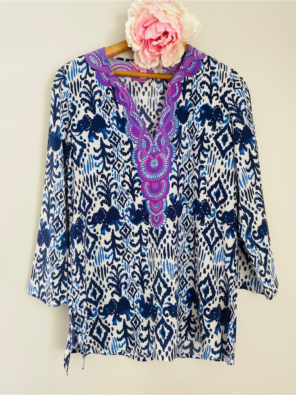 Lilly Pulitzer Renato Silk Tunic Blouse XS Blue Pink Ikat Elephant Print